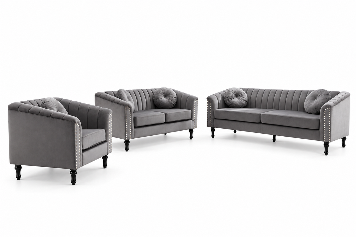 John grey 3-piece sofa set with matching sofa, loveseat and armchair on a white background.