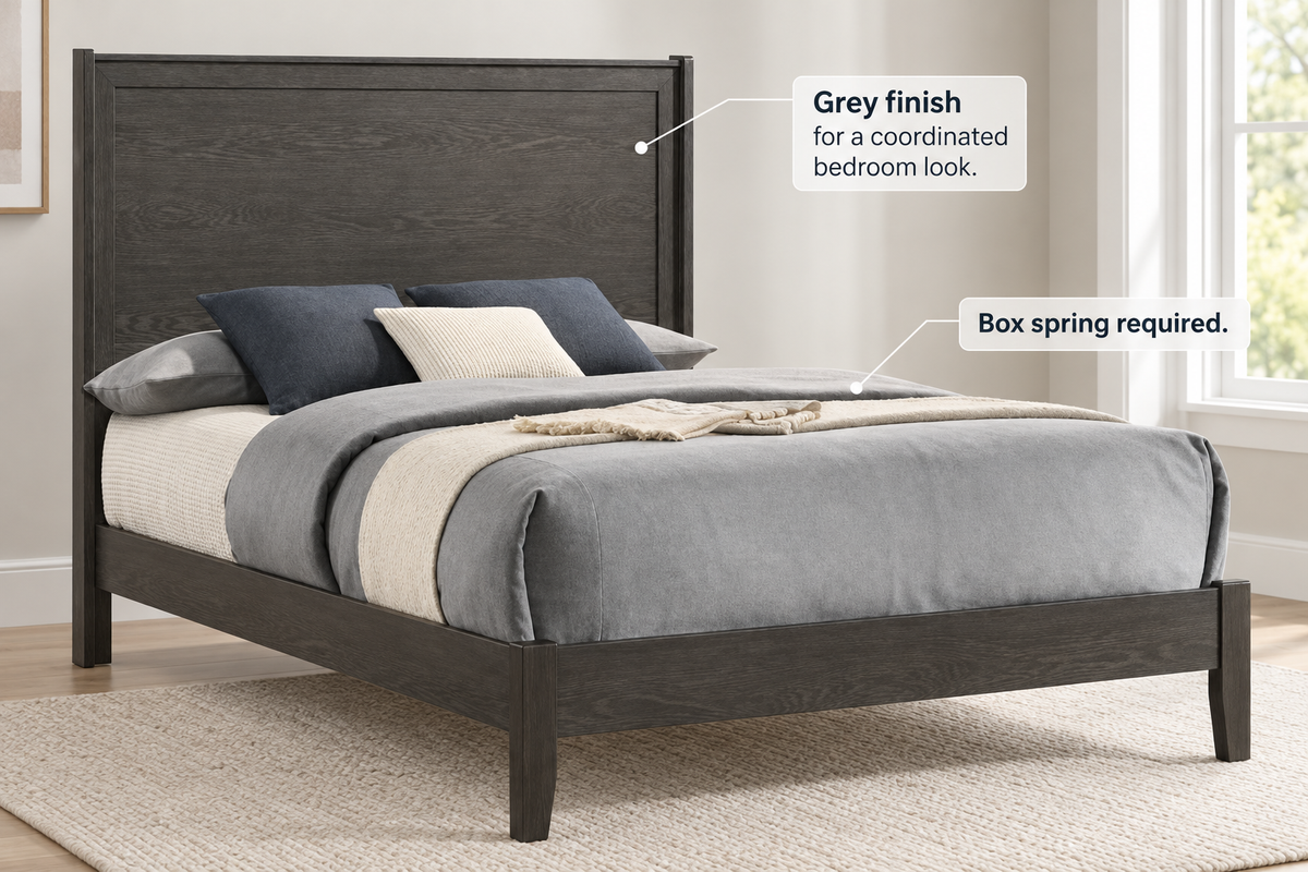 Juliet grey Queen bed feature guide showing the grey finish and the box spring requirement.