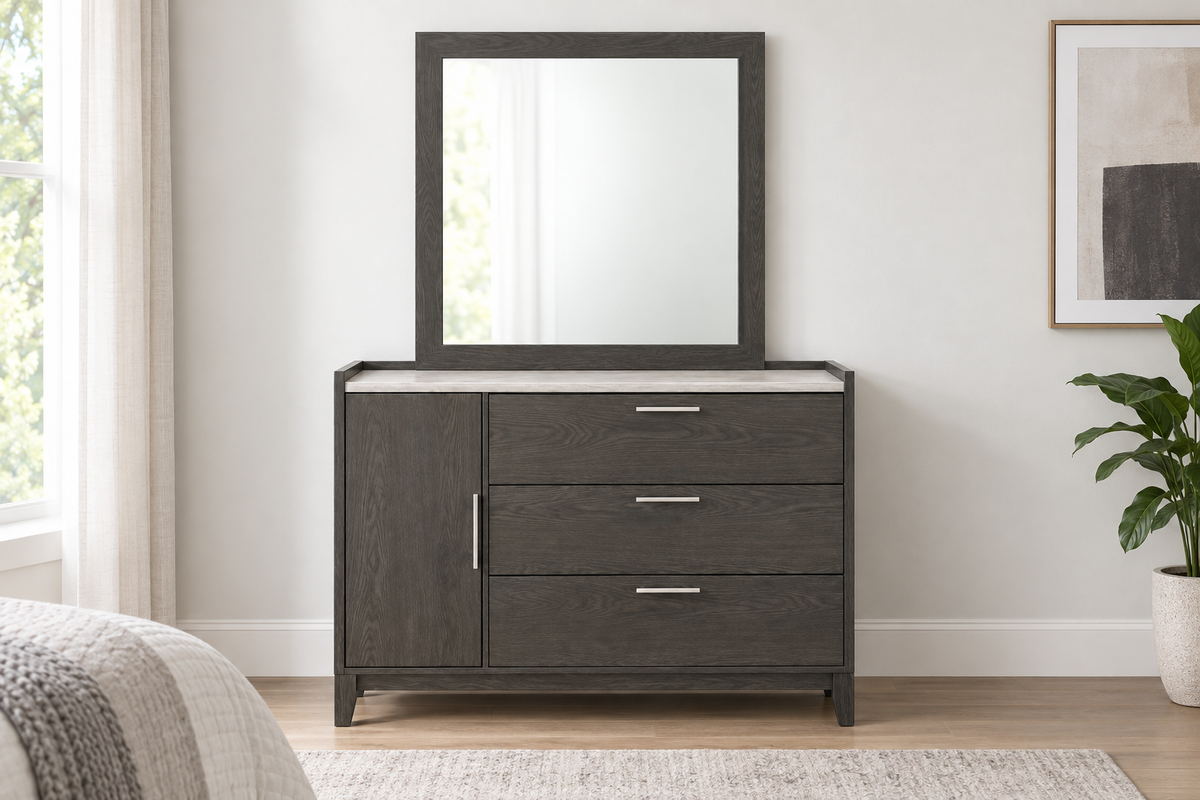 Juliet grey dresser and rectangular matching mirror from the bedroom set, shown together in a bedroom.