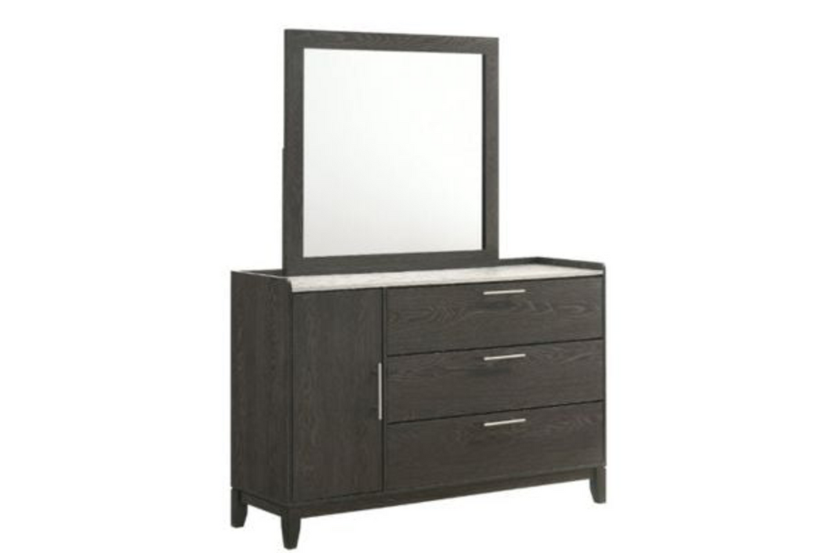 Juliet rectangular mirror with a grey wood-grain frame, displayed above the matching dresser, sold separately.