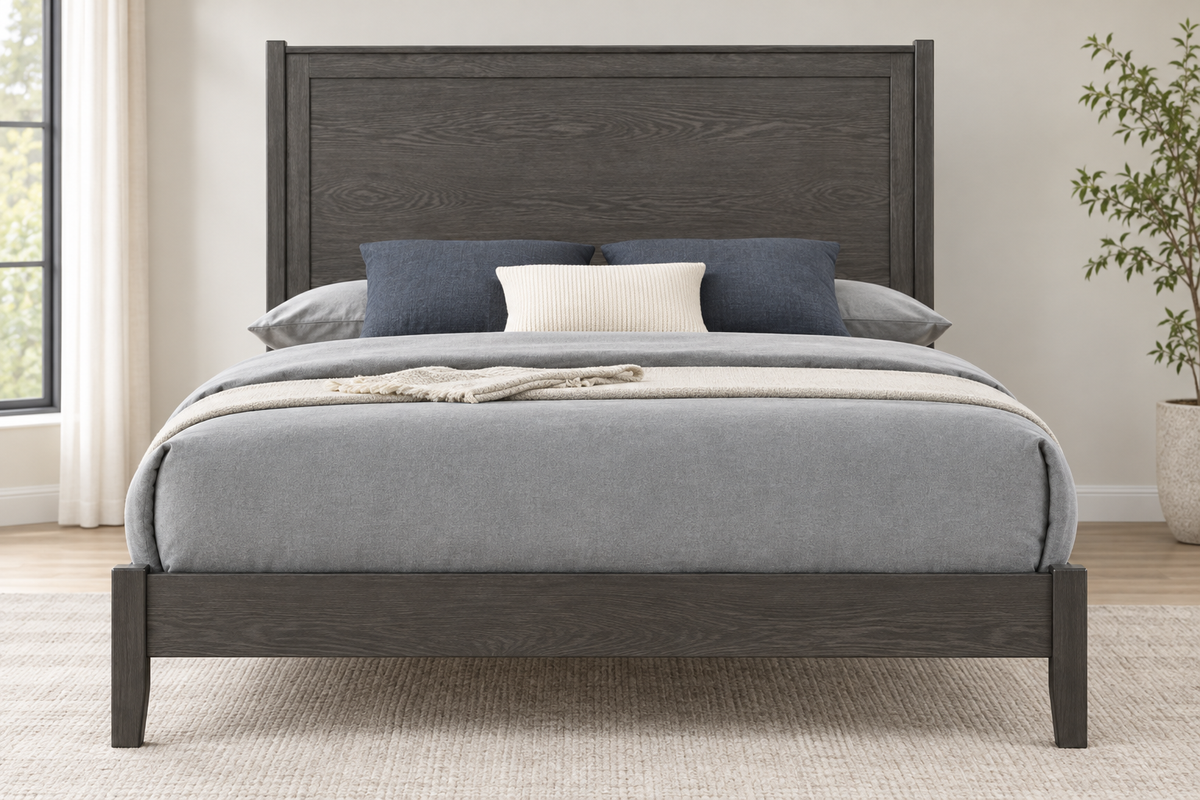 Front view of the Juliet grey Queen bed showing the rectangular panel headboard and matching footboard.