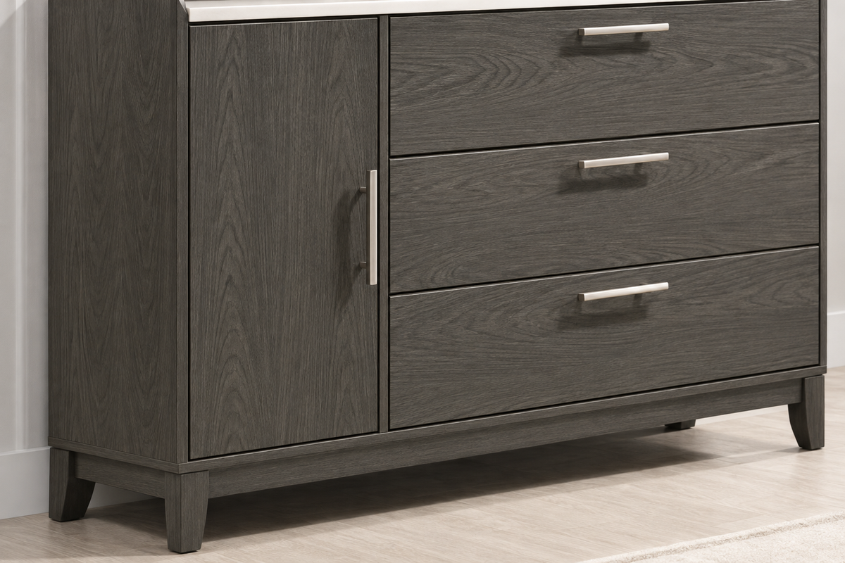 Detail of the Juliet grey dresser showing the drawer handles, cabinet door, wood-grain finish and base legs.