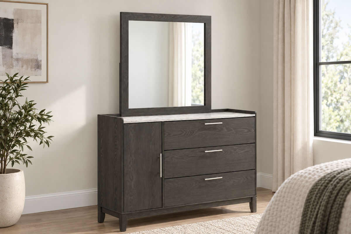 Juliet grey rectangular mirror displayed above a matching dresser beside a bedroom window; dresser sold separately.