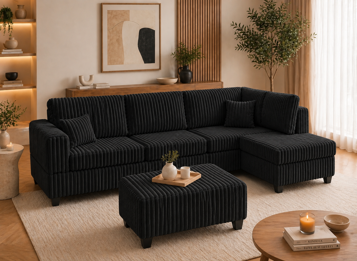 black corduroy Kennedy sectional sofa with matching ottoman in a neutral-toned living room with artwork and plants
