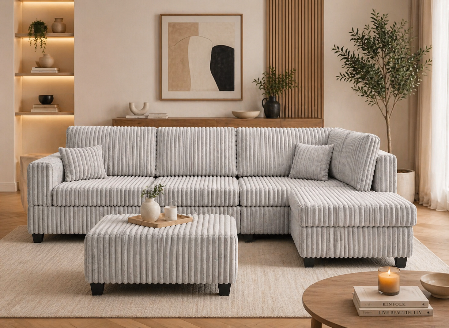 Gray striped sectional sofa in a living room setting with decor elements.