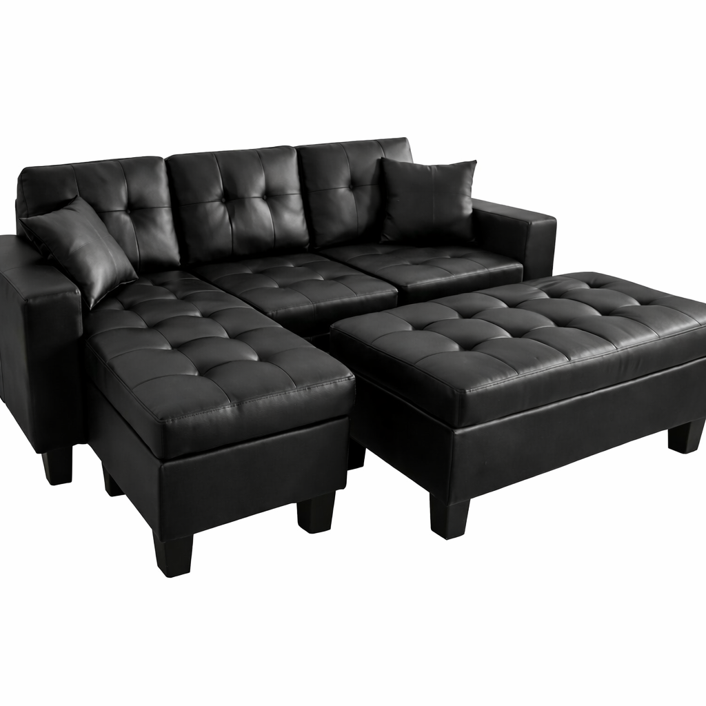 Lina-Black leather sectional sofa with ottoman on a white background
