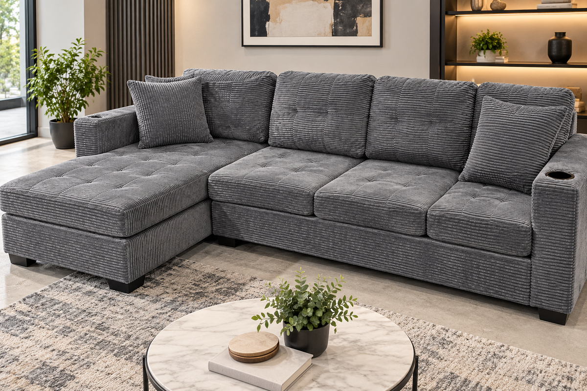 Front angle of Sara sectional sofa with ribbed fabric, left chaise, two matching pillows, and cup holder on right arm