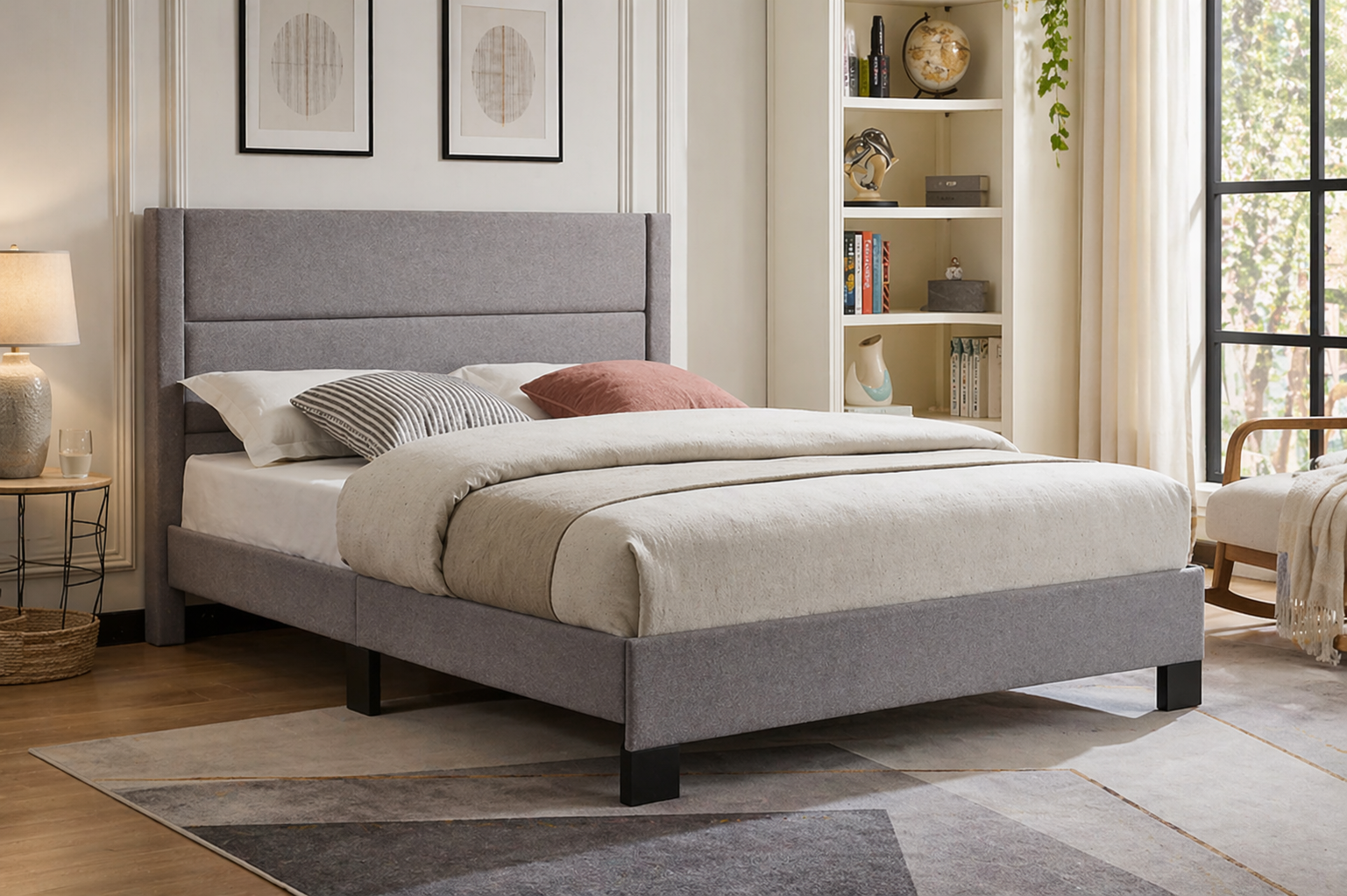 Logan queen bed frame grey fabric platform bed from $209 at Furniture Spot Halifax