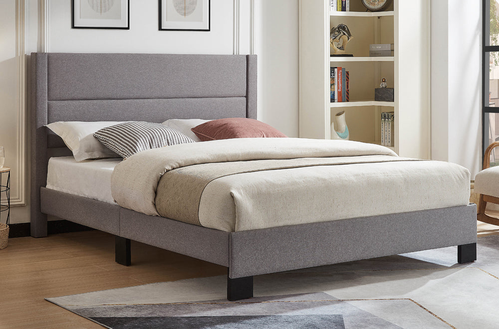 Logan Grey Linen Platform Bed - Angled view