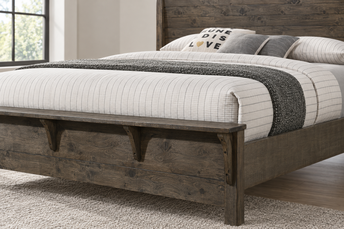 Close-up of the Margaret grey bed frame showing the wood-grain footboard, panel detail and side rail.