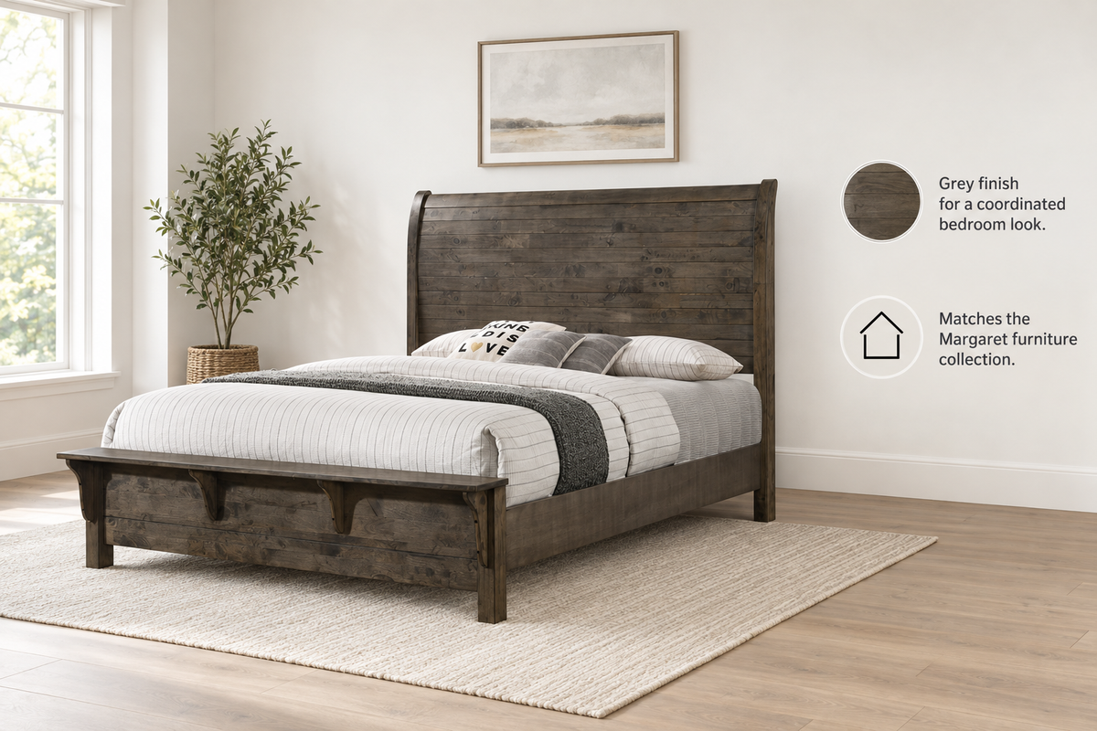 Margaret grey bed frame feature guide highlighting the grey finish and coordinated bedroom collection.