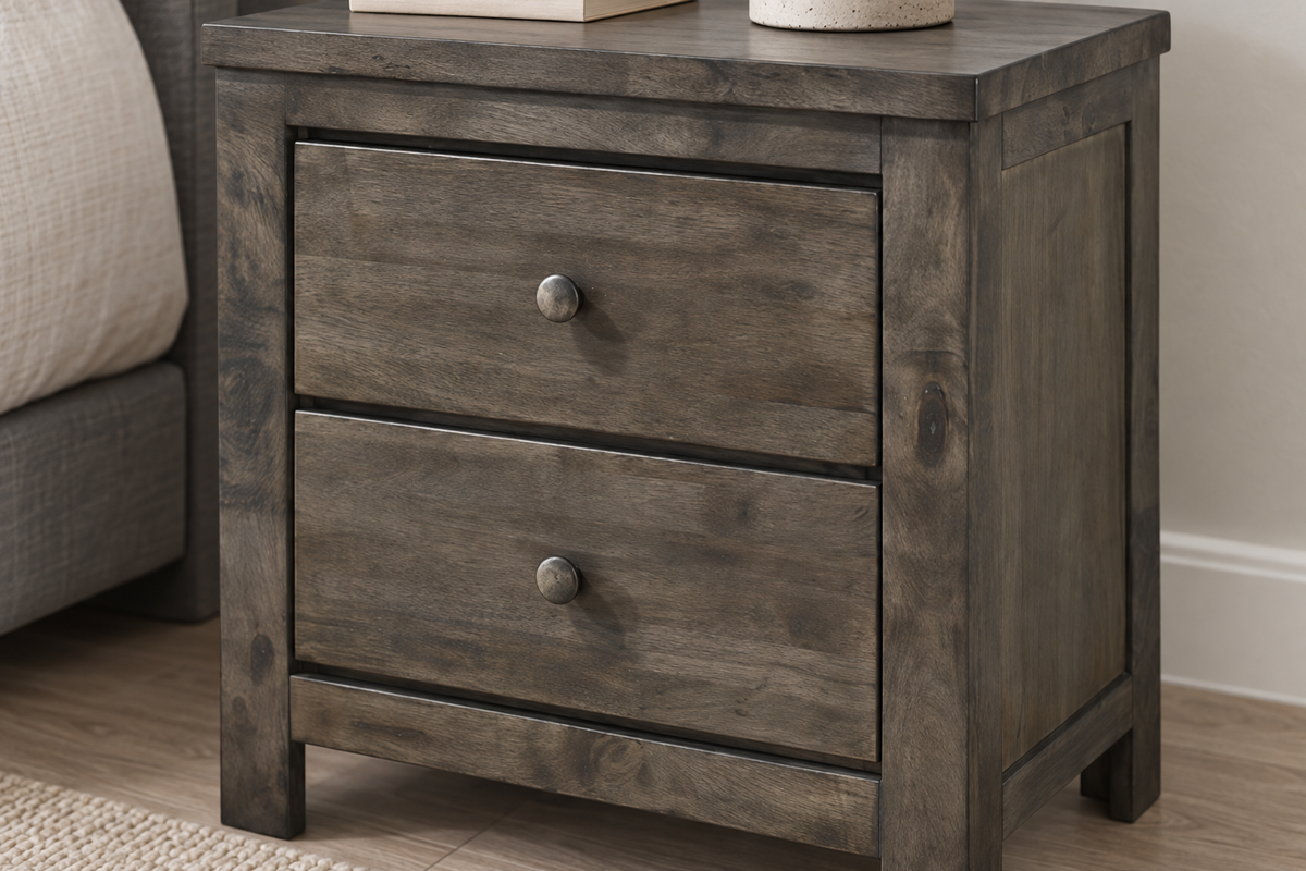 Close-up of the Margaret grey nightstand showing two wood-grain drawer fronts, round knobs and frame legs.