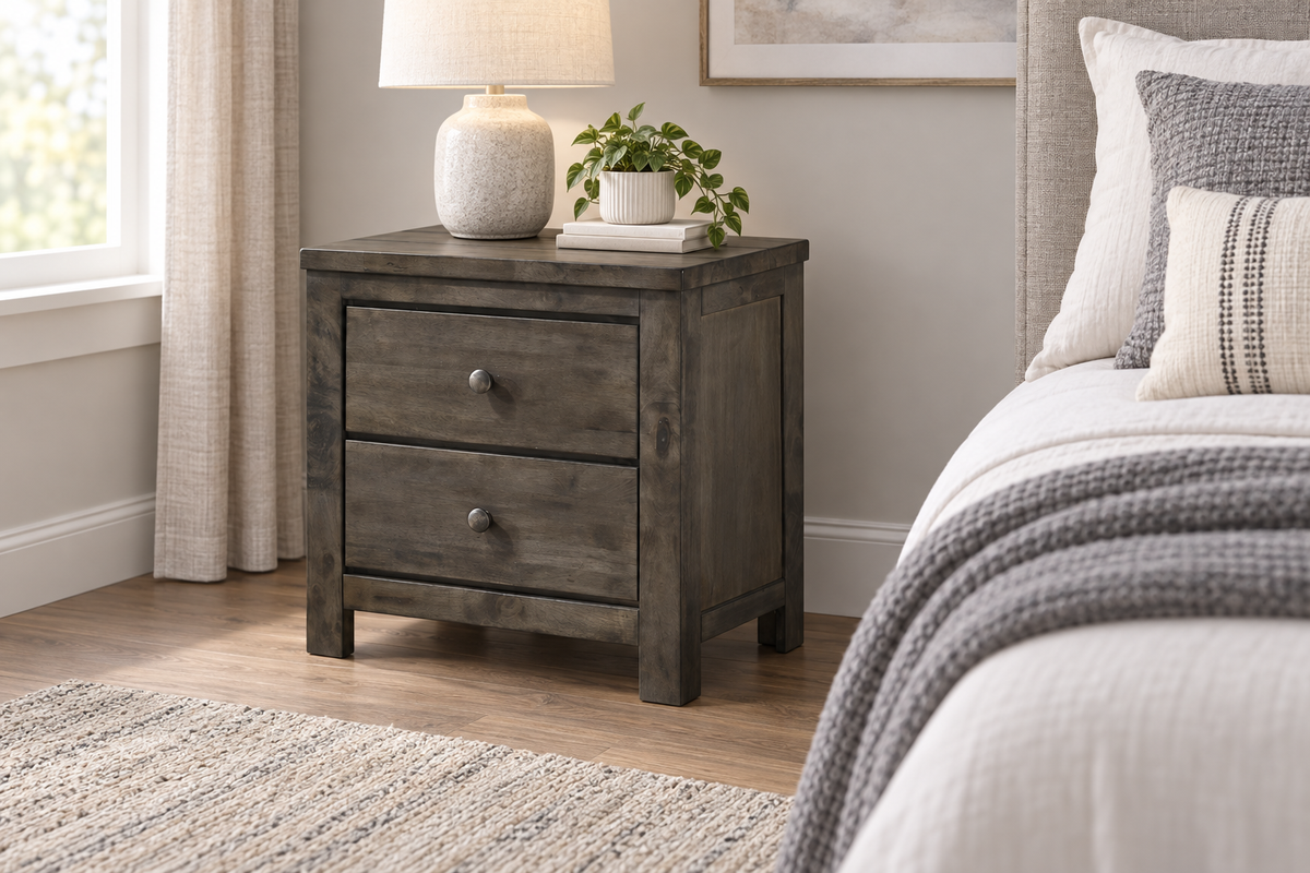 Margaret grey two-drawer nightstand with round knobs, styled beside a bed in a bright room.
