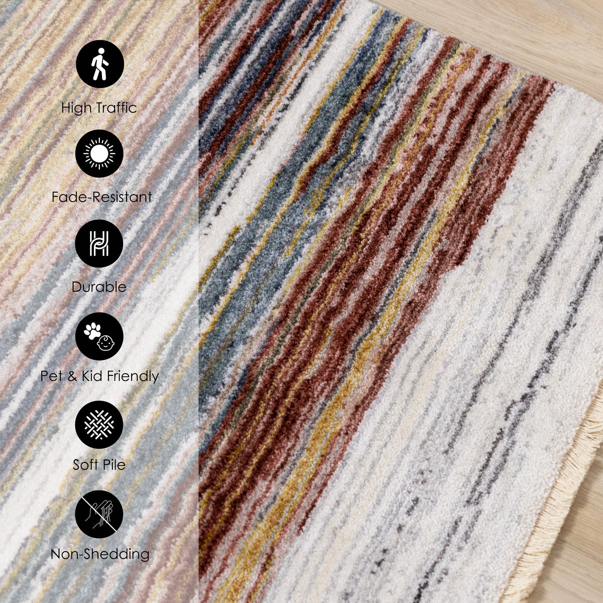 Marisa area rug features: high traffic, fade-resistant, pet and kid friendly, soft pile, non-shedding