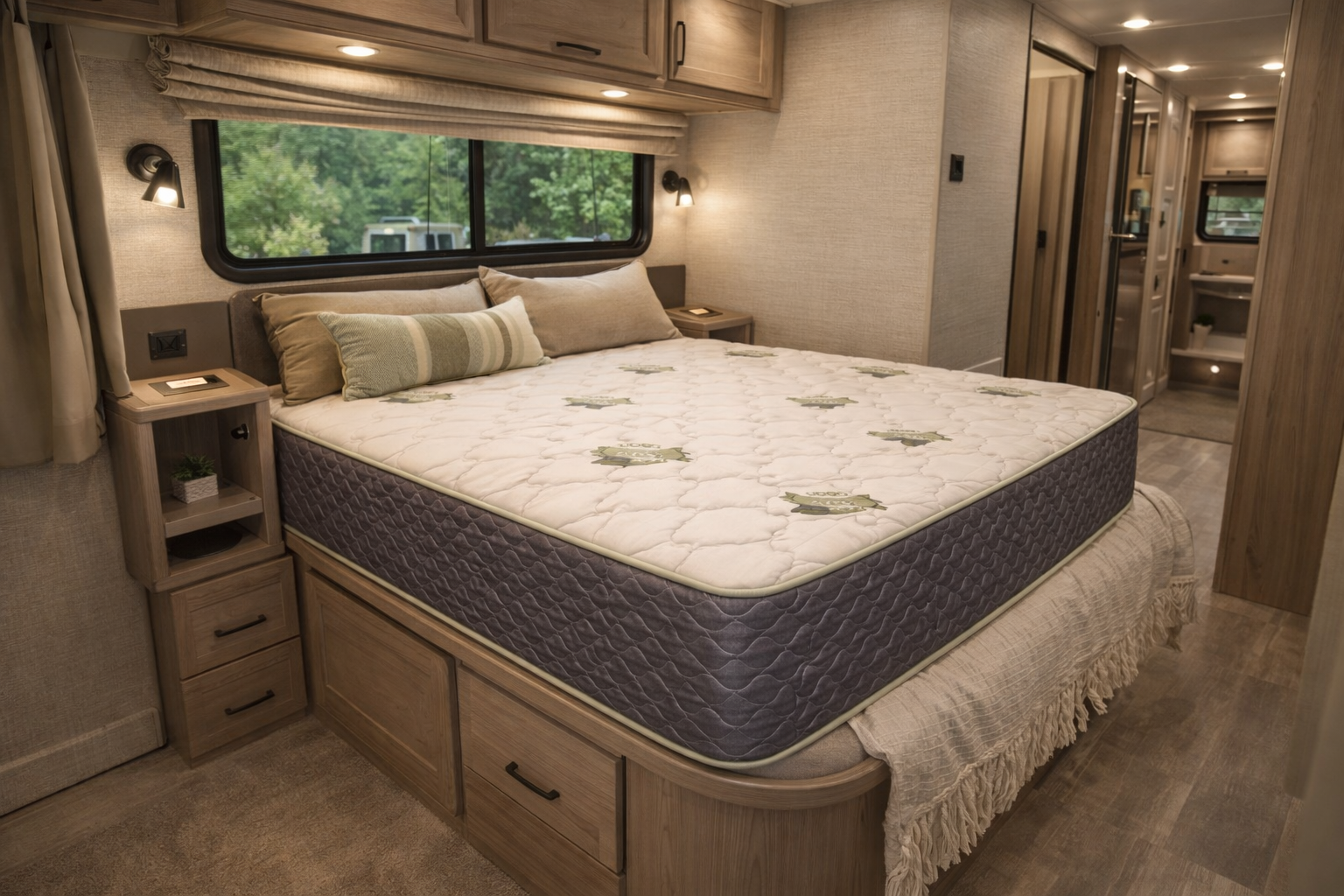 Milano memory foam RV short queen mattress in a modern cozy camper bedroom with wood interior and soft lighting