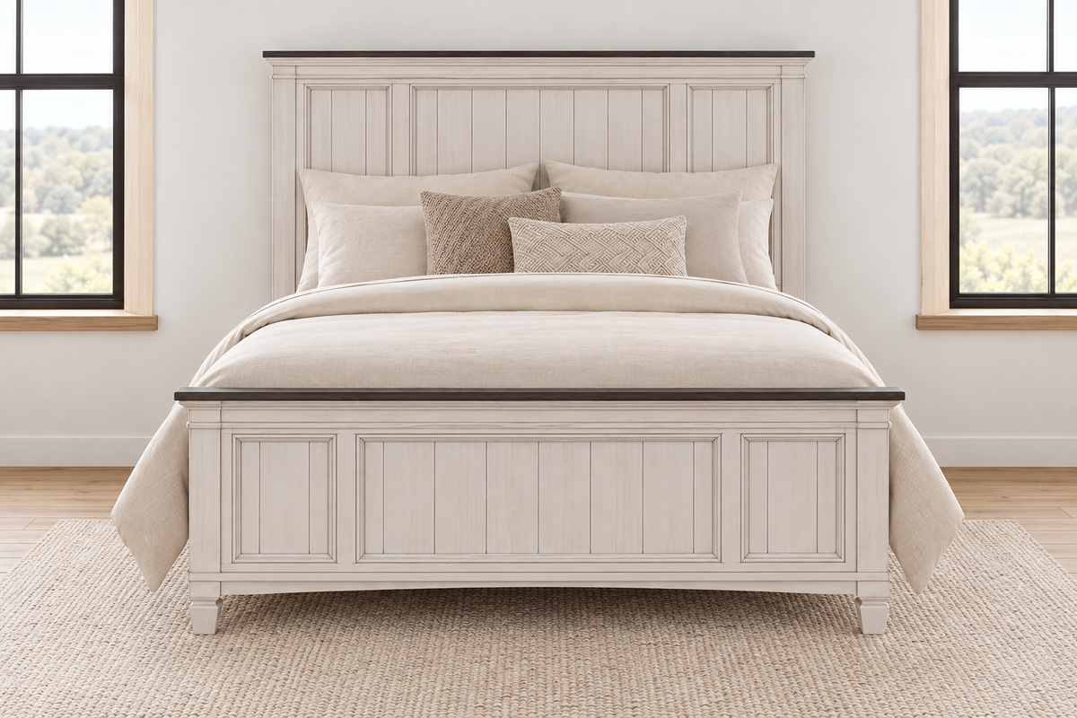 Natasha antique white bed frame with a panel headboard, matching footboard and dark top trim, viewed from the front.