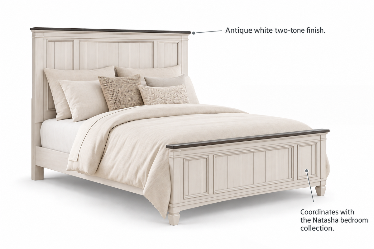 Natasha bed frame feature guide highlighting the antique white two-tone finish and matching bedroom collection.
