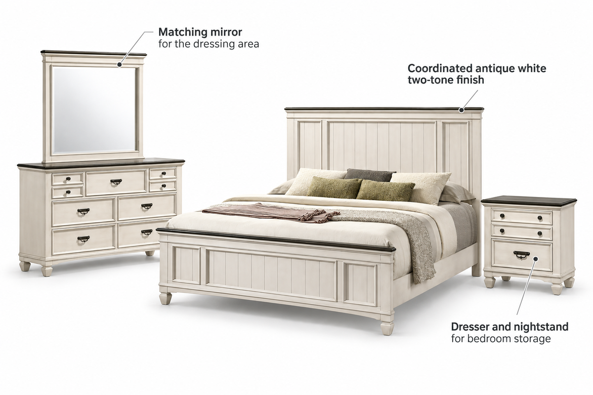 Natasha antique white bedroom set feature guide highlighting the two-tone finish, matching mirror and bedroom storage.