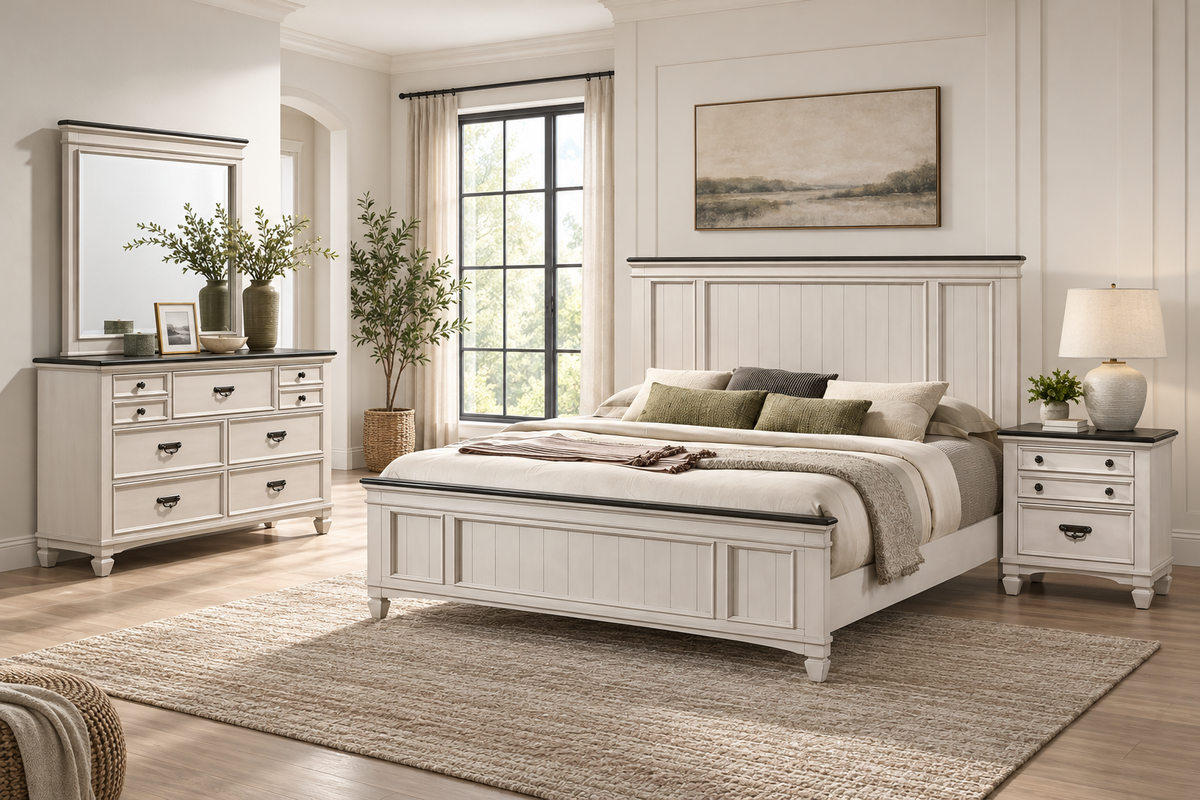 Natasha antique white bedroom set with a bed frame, dresser, mirror and one nightstand, arranged in a furnished bedroom.