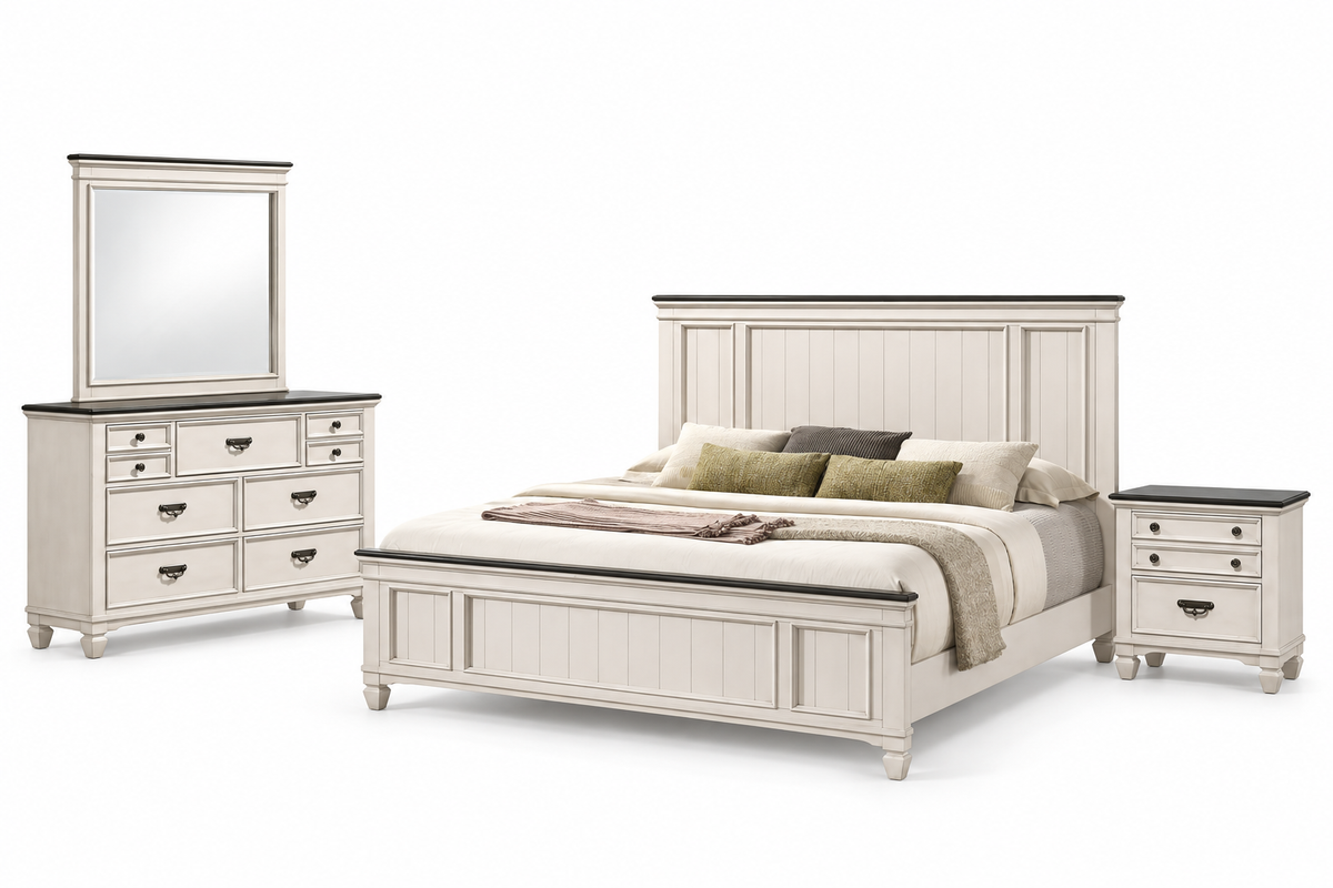 Natasha antique white bedroom set with a bed frame, dresser, mirror and one nightstand, shown on a white background.