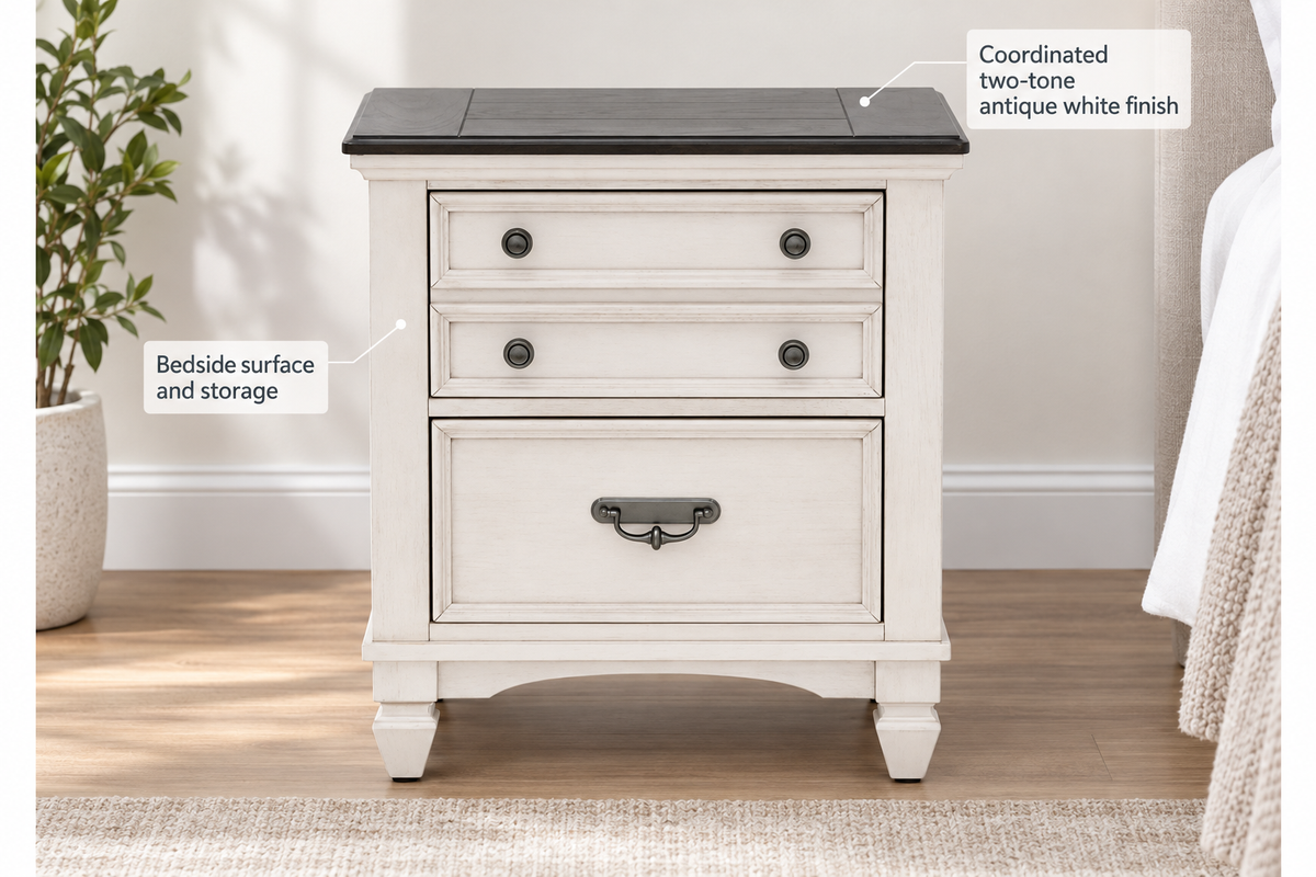 Natasha antique white nightstand feature guide highlighting bedside storage and the coordinated two-tone finish.