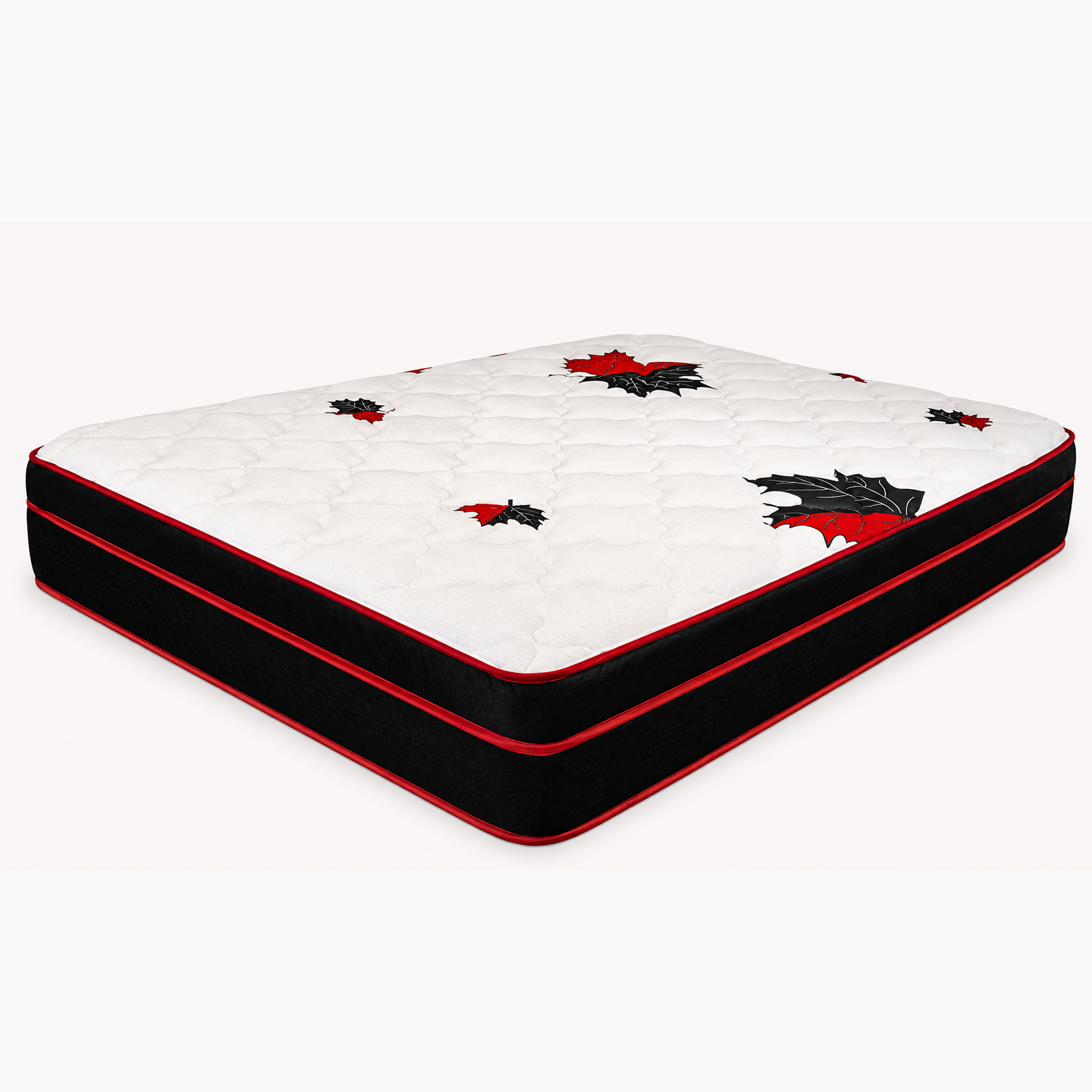 Quilted white mattress with black side panels, red piping, and red-and-black maple leaf design, shown on a clean square background.