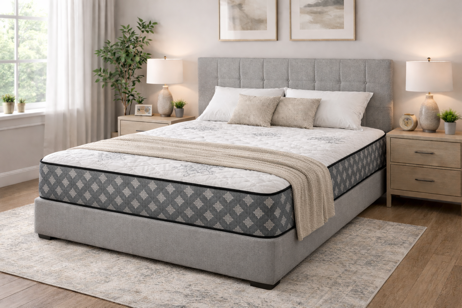 Perfection mattress in modern bedroom with grey upholstered headboard, beige throw blanket, and neutral decor lighting