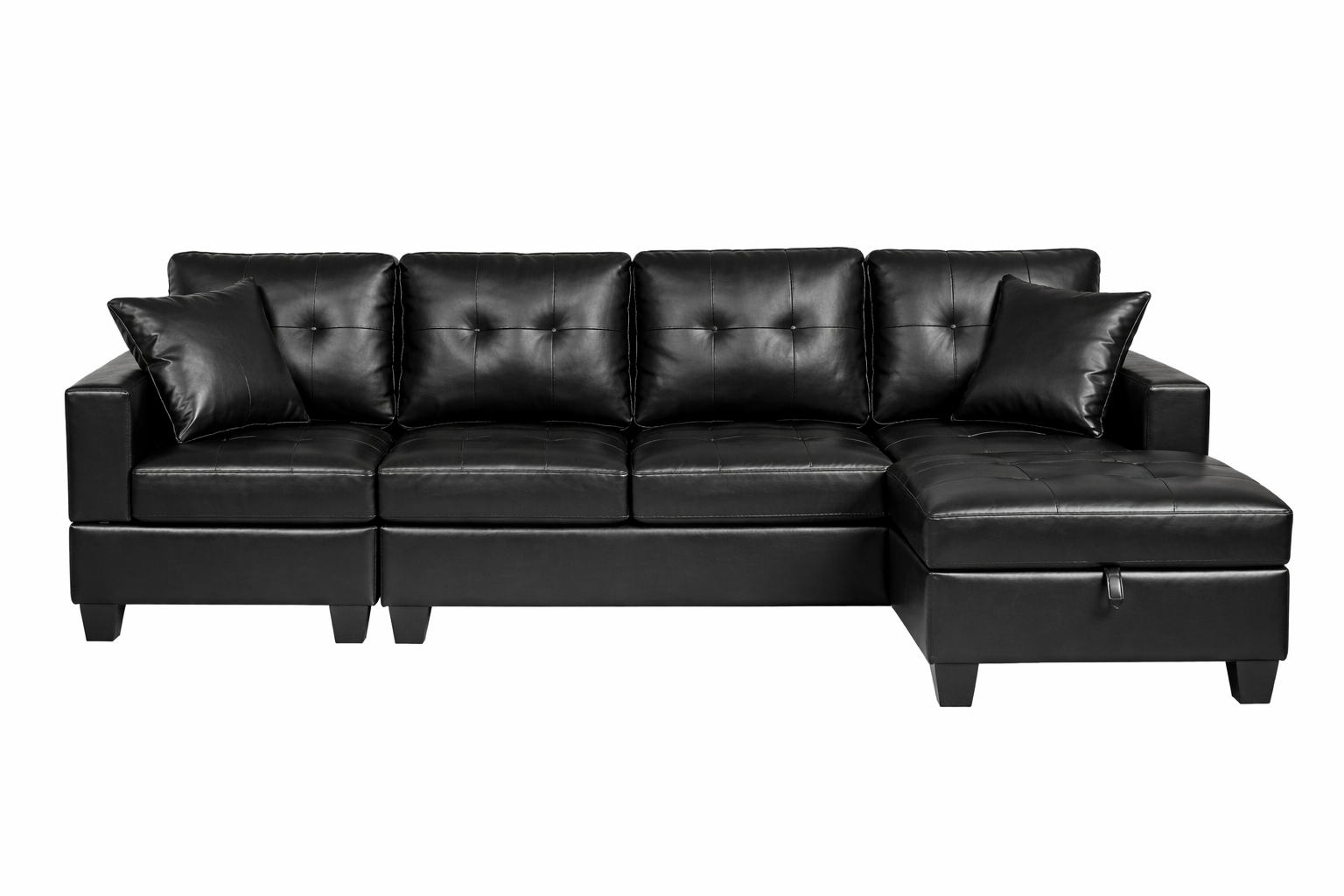 Queens Black PU Leather Sectional Sofa Tufted L-Shape Couch with Storage Chaise - Front View