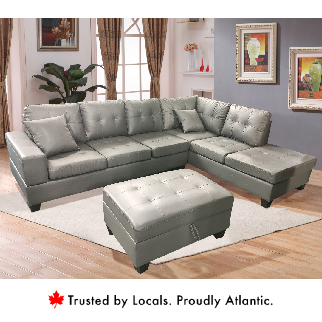 Roma Grey PU Leather Sectional Sofa With Ottoman Reversible - Side View