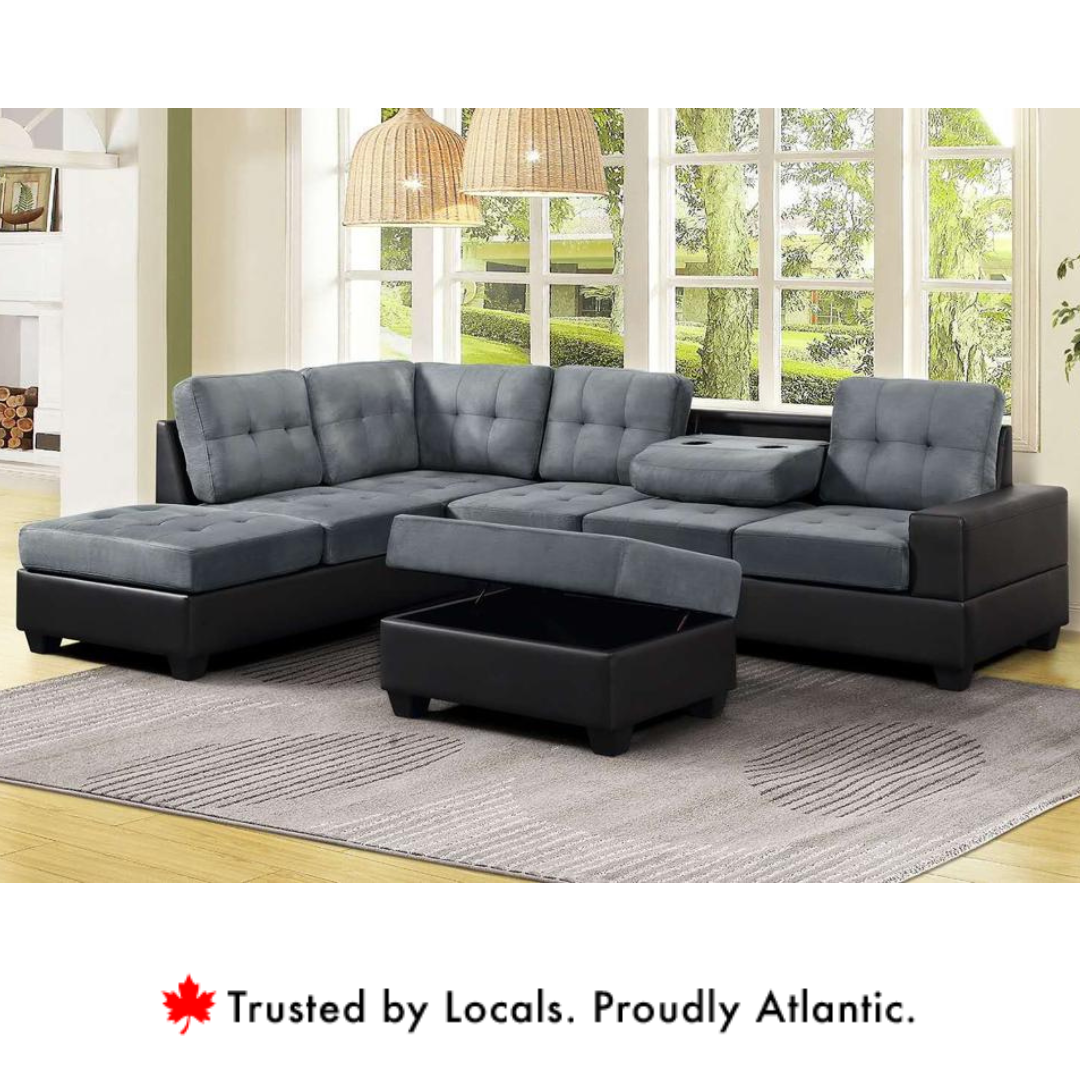 Roma Grey Velvet Sectional Sofa With Ottoman Reversible - Side View