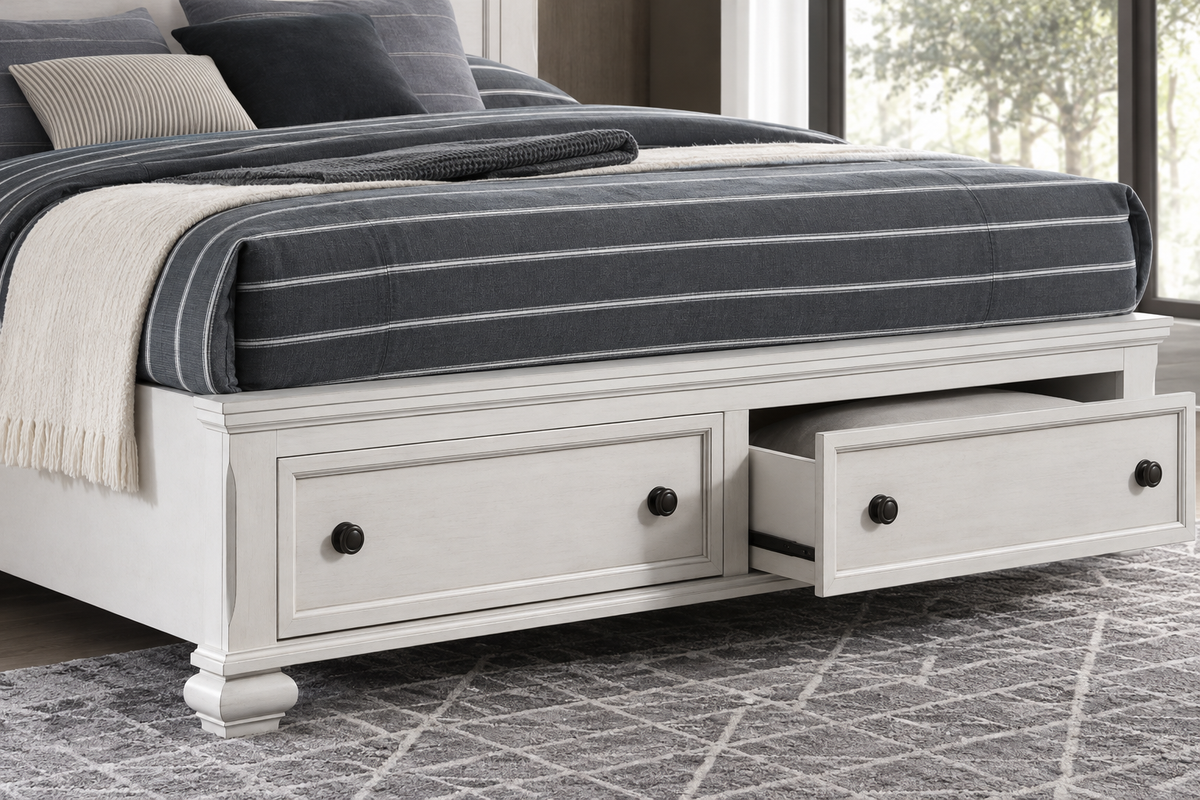 Romeo antique white bedroom set - antique white bed, close-up detail
