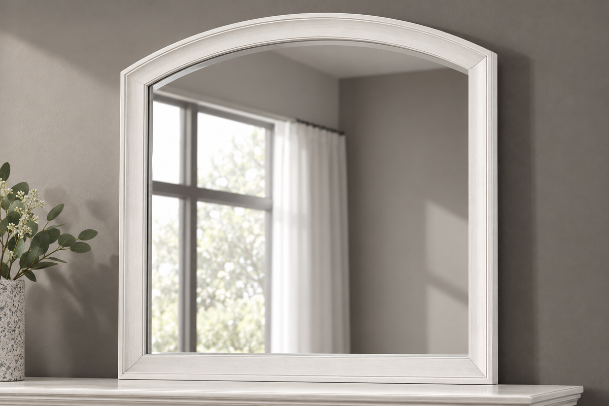 Romeo antique white bedroom set - antique white mirror, close-up detail