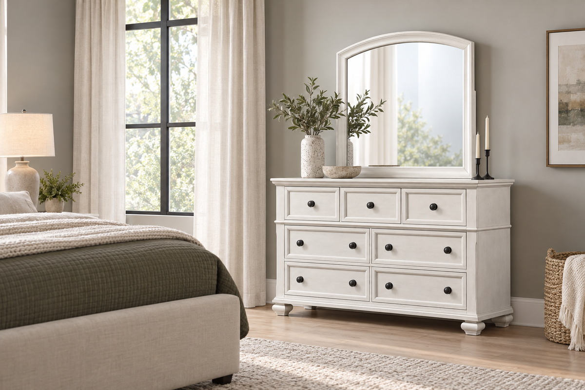 Romeo antique white bedroom set - antique white mirror, bedroom setting