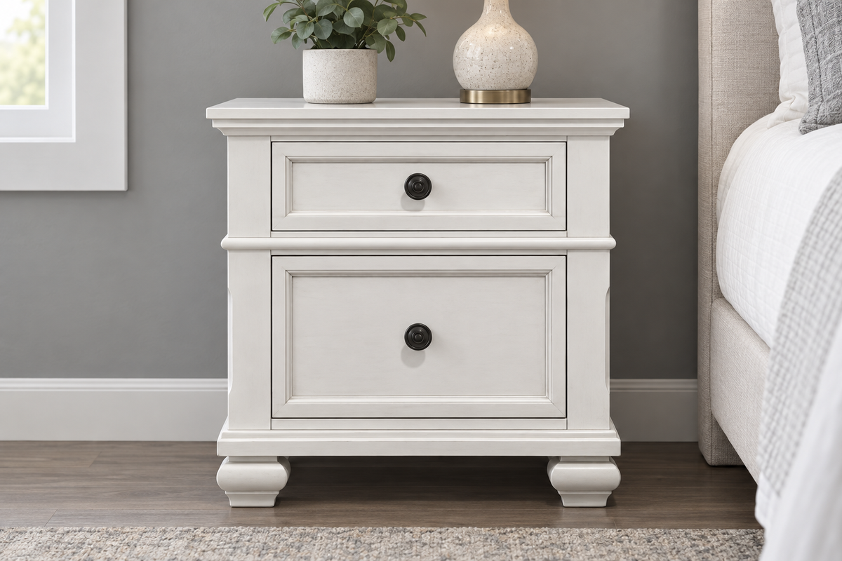 Romeo antique white nightstand, angled view