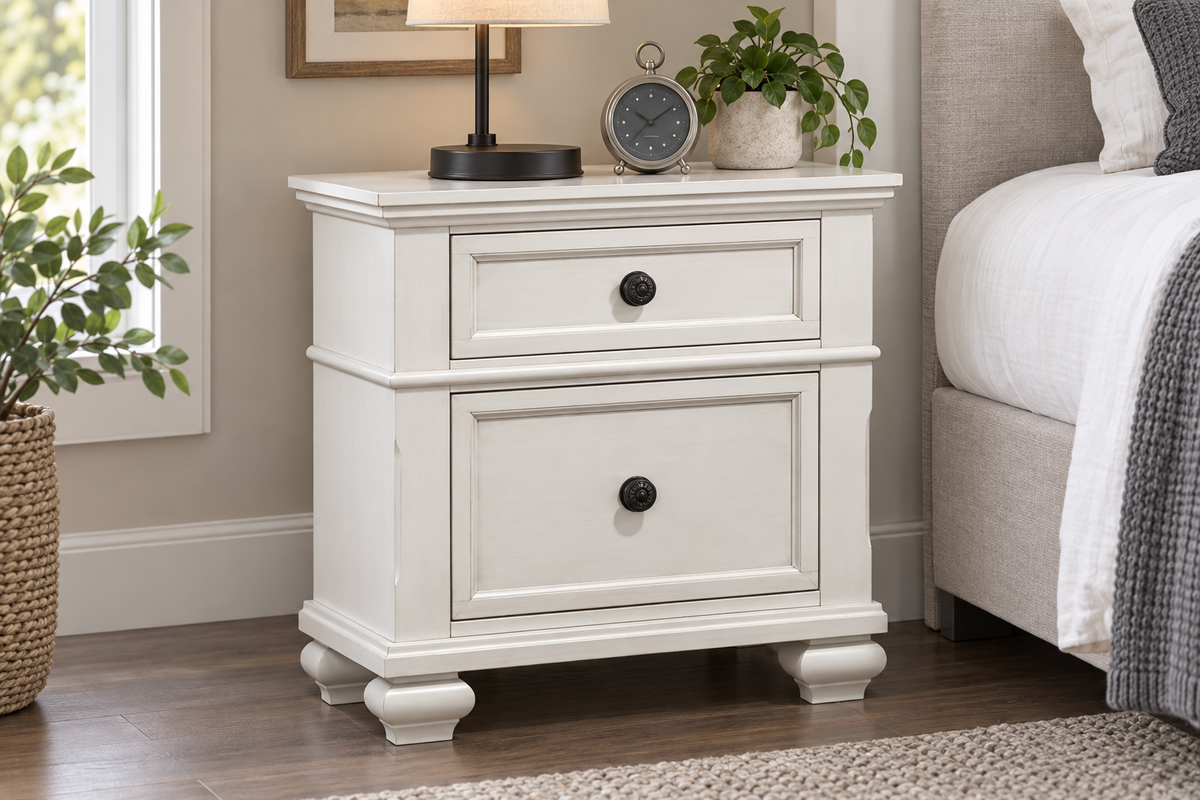 Romeo antique white nightstand, bedroom setting