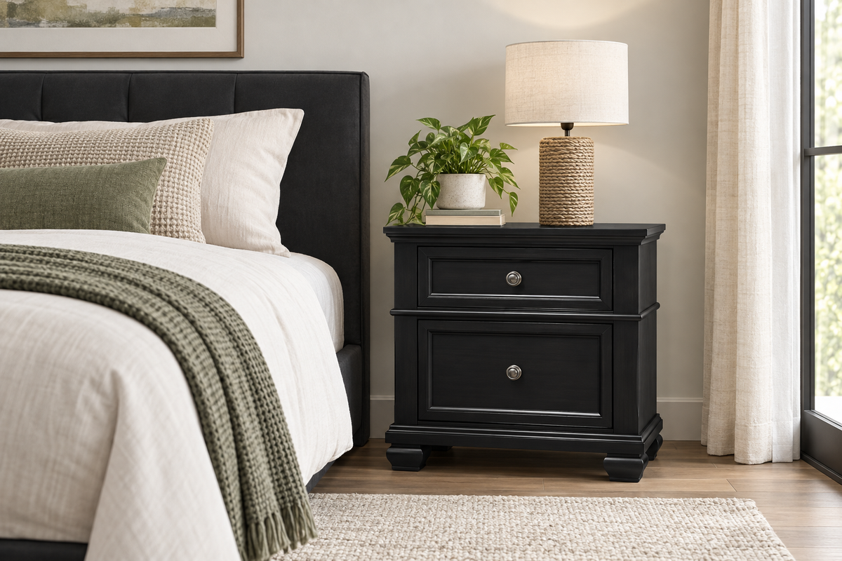 Romeo black nightstand, bedroom setting 2
