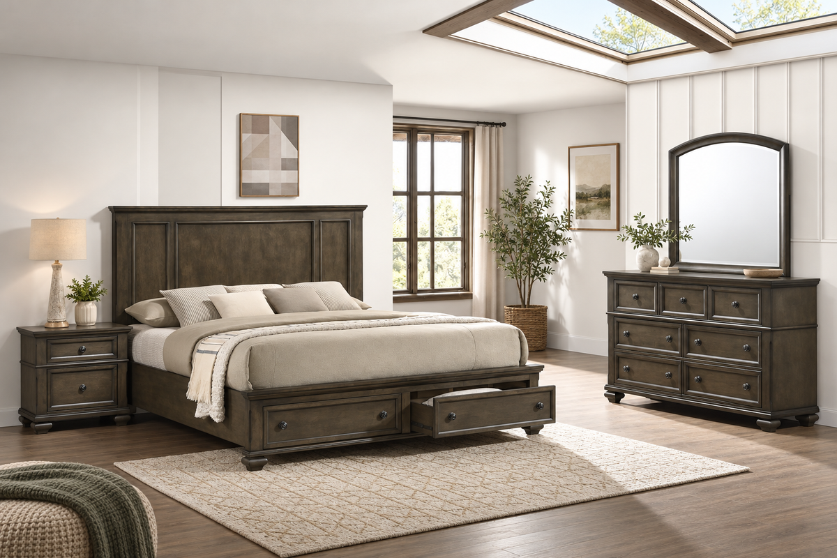 Romeo grey bedroom set - grey mirror, bedroom setting