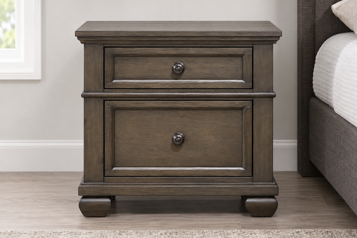 Romeo grey bedroom set - grey nightstand, angled view
