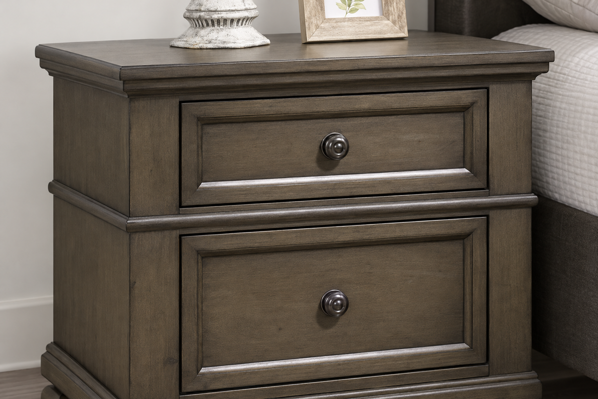 Romeo grey bedroom set - grey nightstand, close-up detail