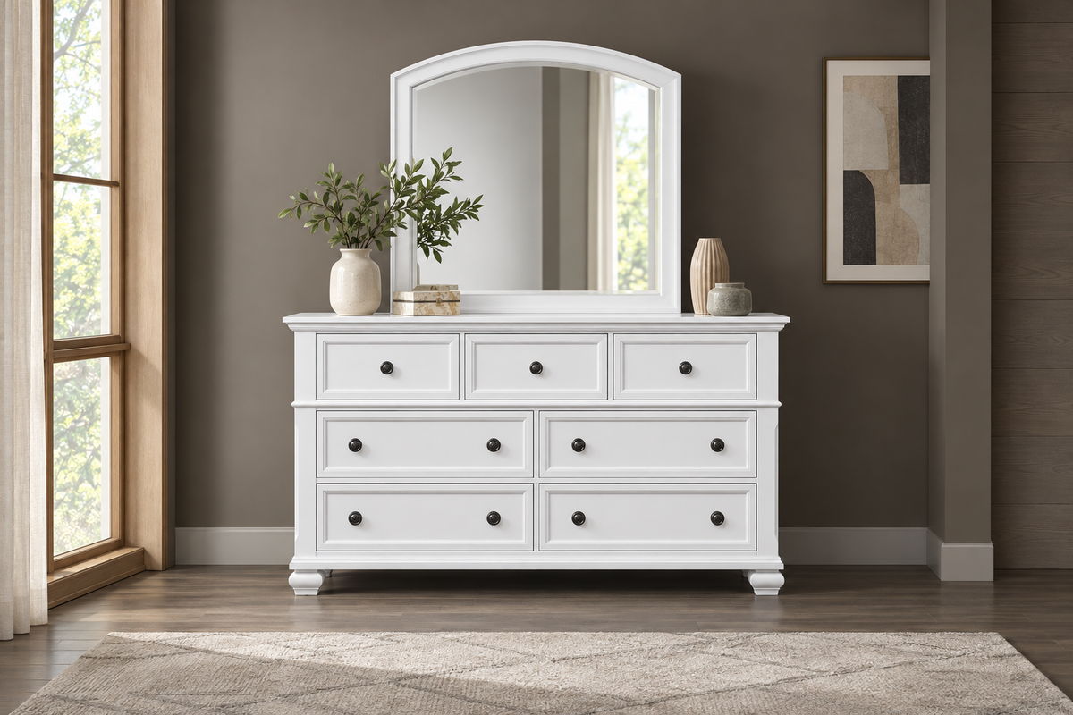 Romeo white bedroom set - white dresser, angled view
