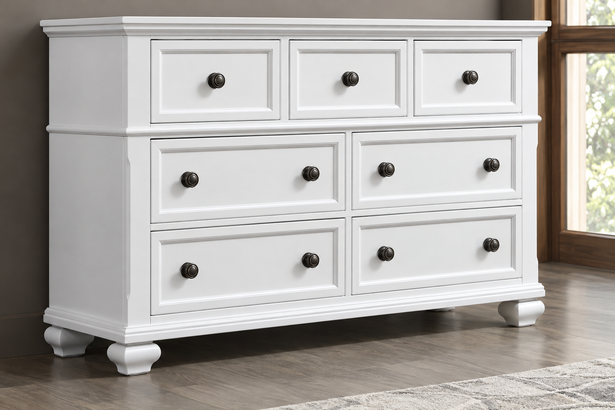 Romeo white bedroom set - white dresser, close-up detail