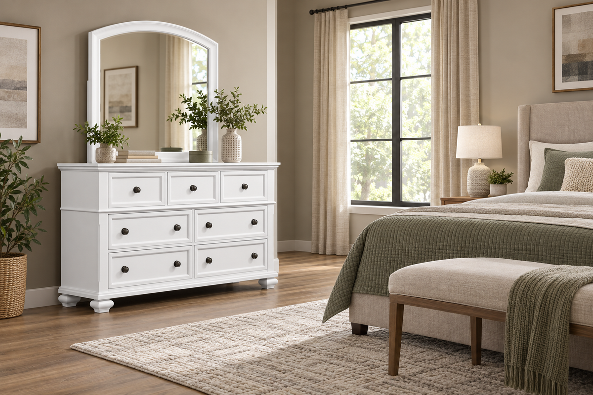 Romeo white dresser, bedroom setting