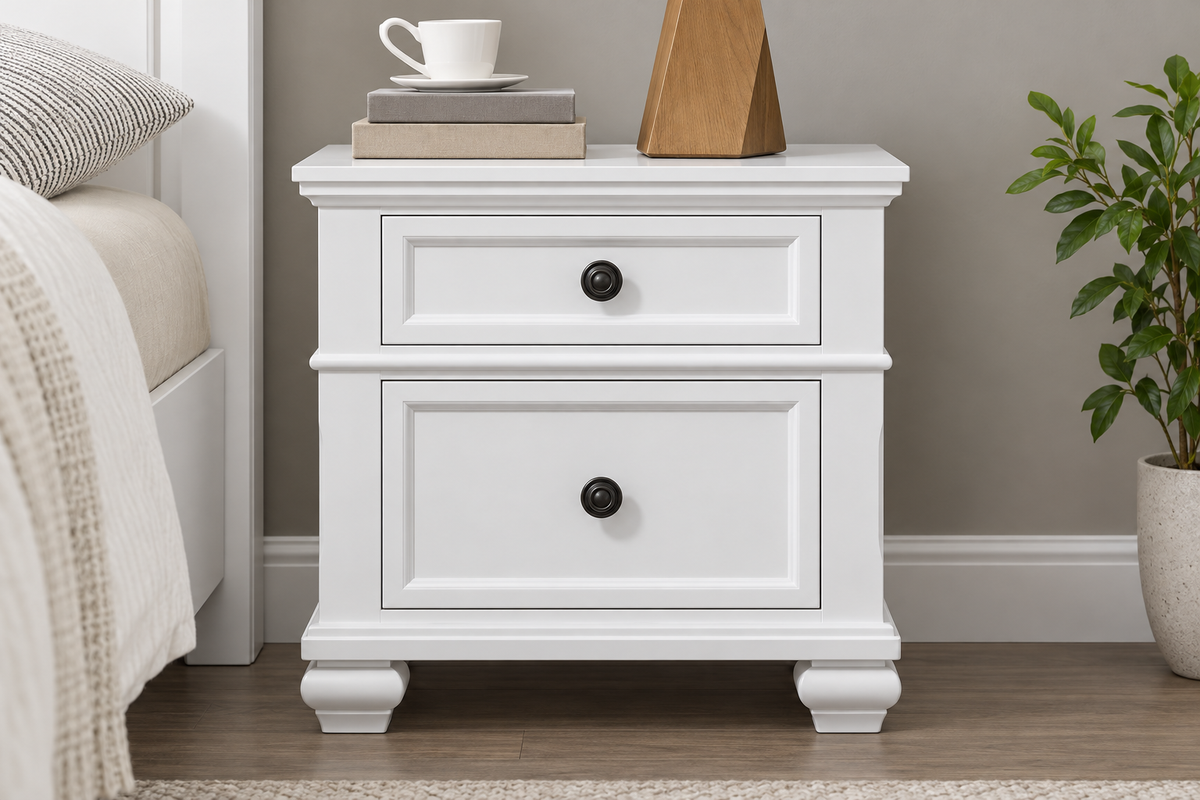 Romeo white bedroom set - white nightstand, angled view