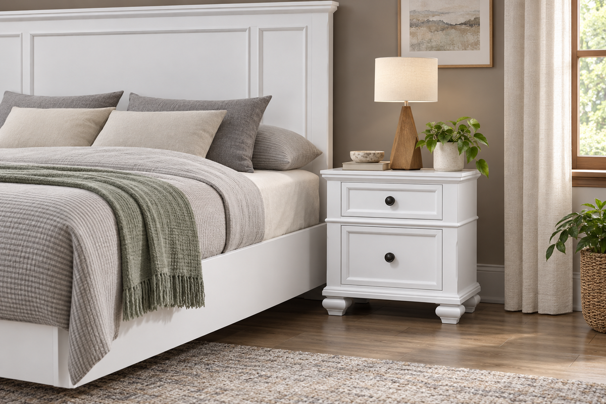 Romeo white bedroom set - white nightstand, bedroom setting
