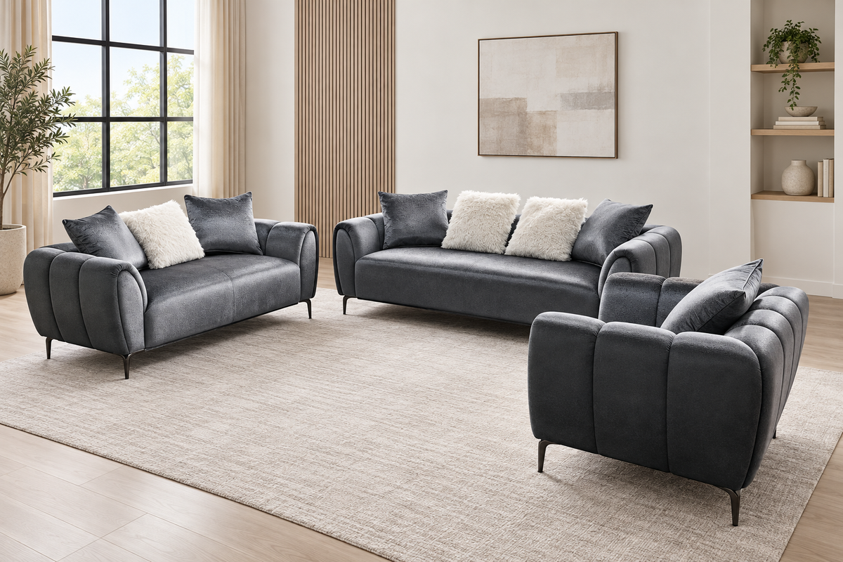 Sam grey 3-piece sofa set arranged in a bright room with accent cushions and slim dark legs.