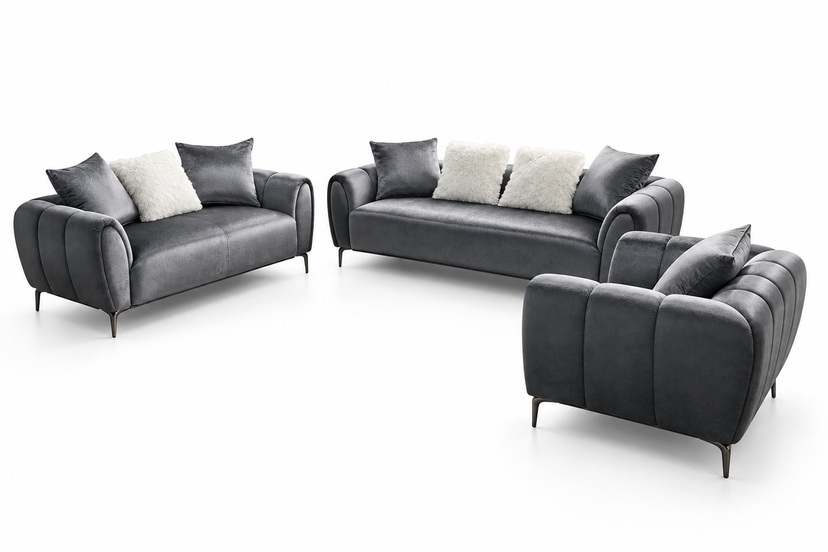 Sam grey 3-piece sofa set with matching sofa, loveseat and armchair on a white background.