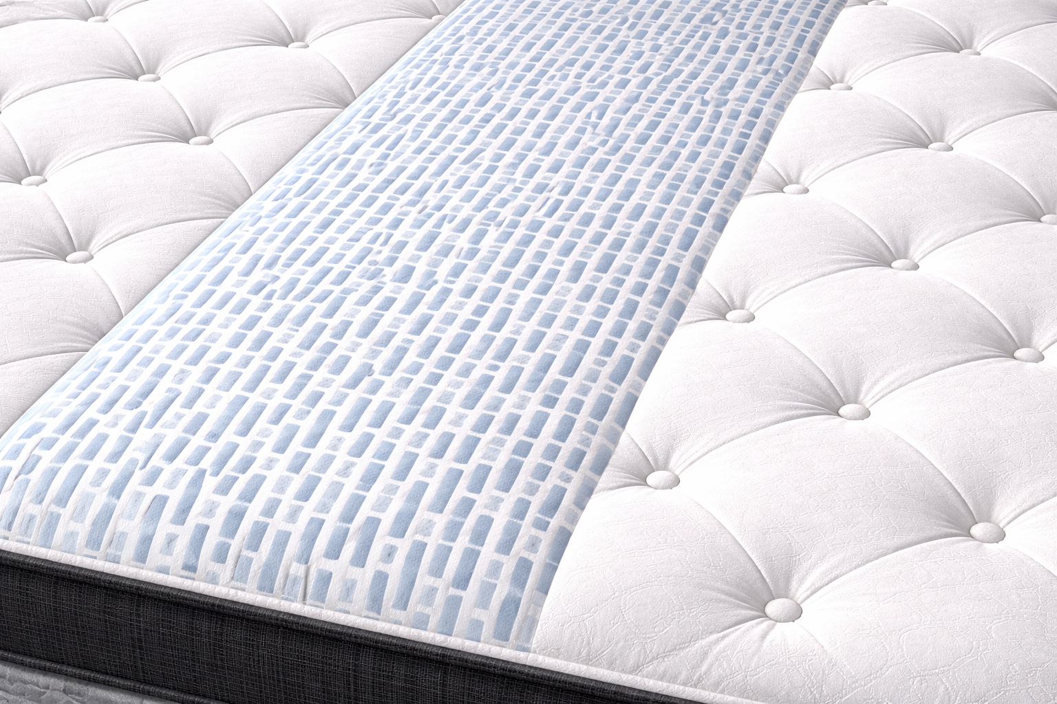 Close-up of Sapphire Luxury Hybrid mattress top with blue center panel and white quilted surface under professional lighting