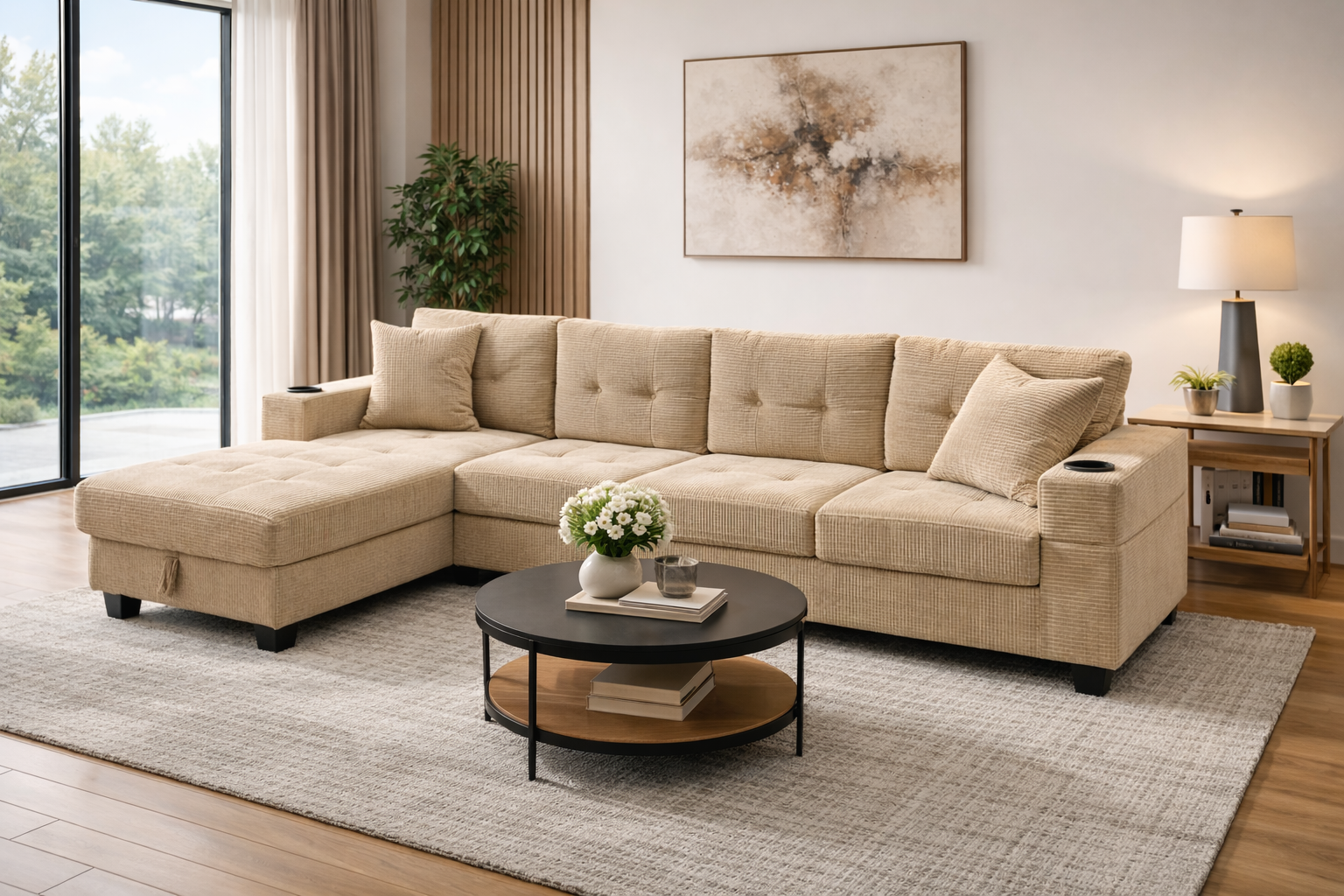 Sara Beige Sectional Sofa - Angle View