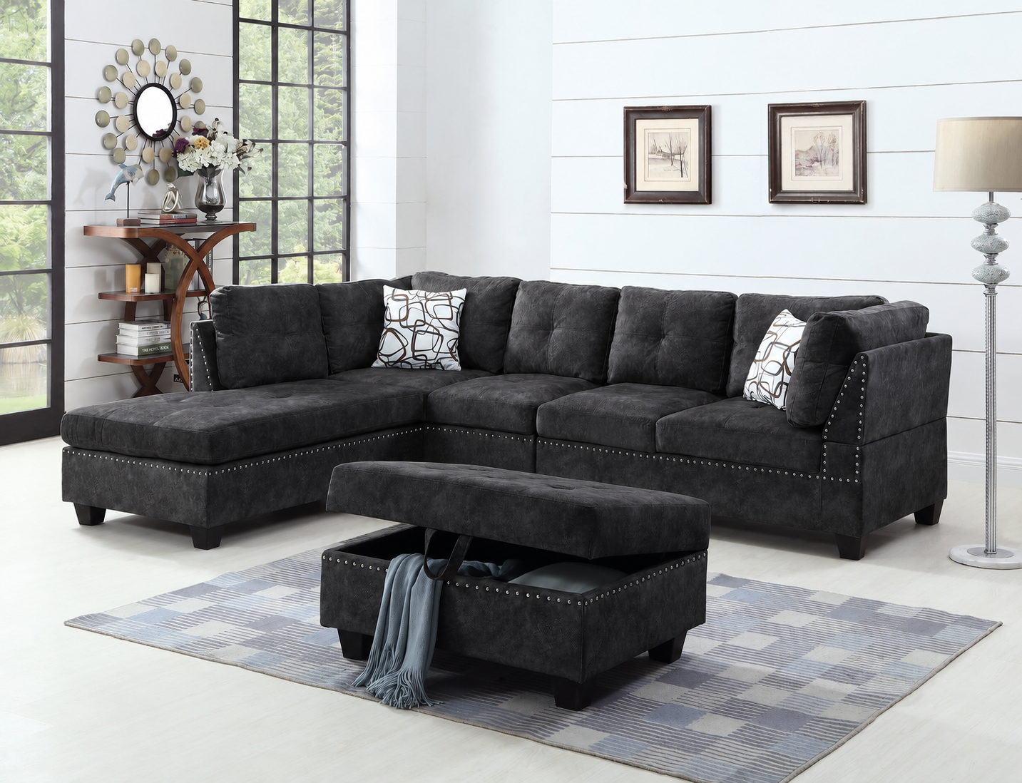 Snow Charcoal Black Suede Sectional Sofa with Ottoman (Reversible)