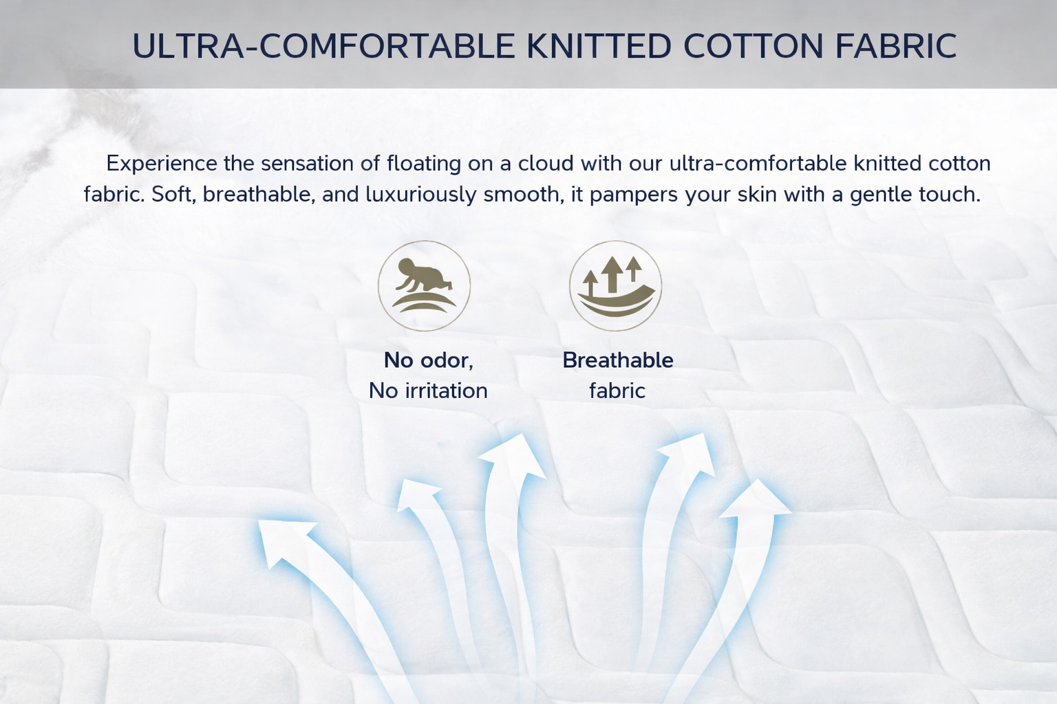 Ultra-comfortable knitted cotton mattress fabric with airflow arrows